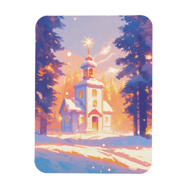 Ímã Snowy Christmas Church Scene (Vertical)