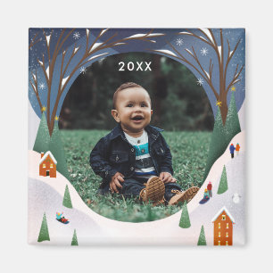 Imã Snowy Village Winter Scene Photo de Natal