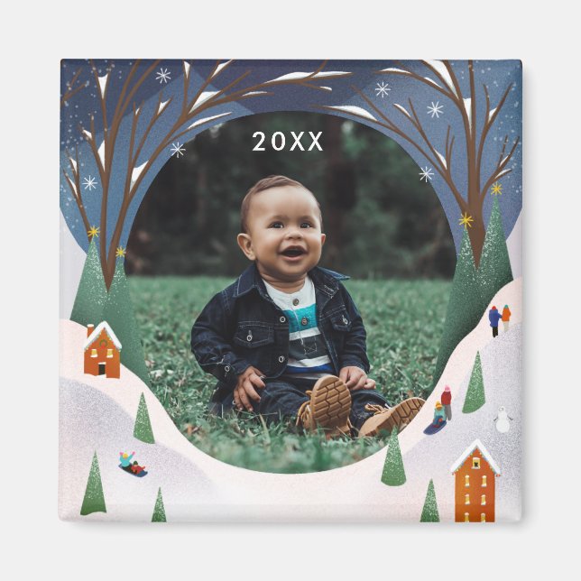 Imã Snowy Village Winter Scene Photo de Natal (Frente)