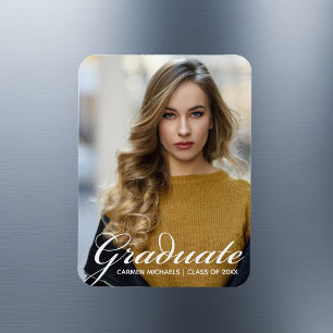 Ímã Sobreposição de Roteiro Branco Chic Foto de Gradua