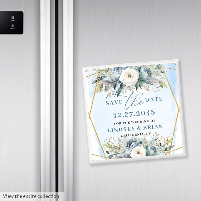 Imã Sofisticado Peônia Branco Azul Empoeirado Salvar a (Sophisticated Dusty Blue White Peony Save the Date)
