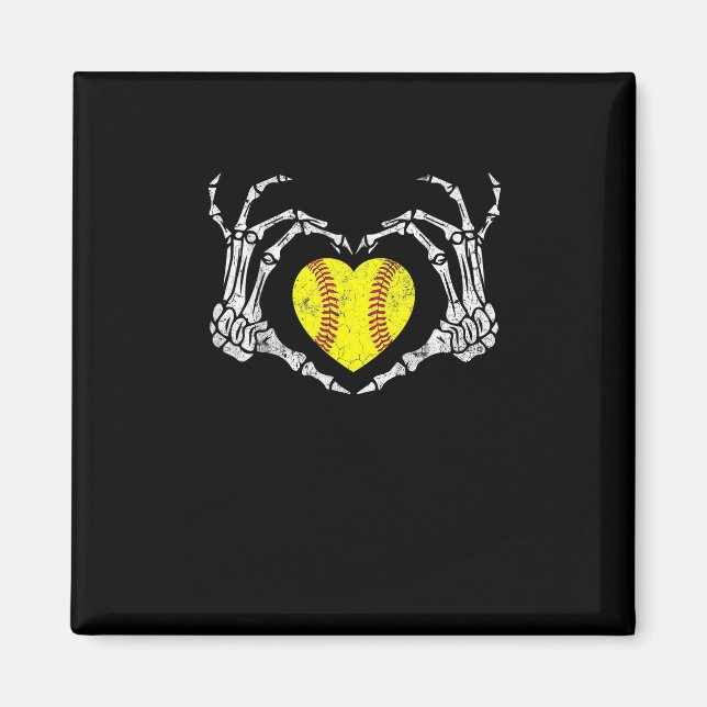 Imã Softball Heart Skeleton Halloween Diversão de Figu (Frente)