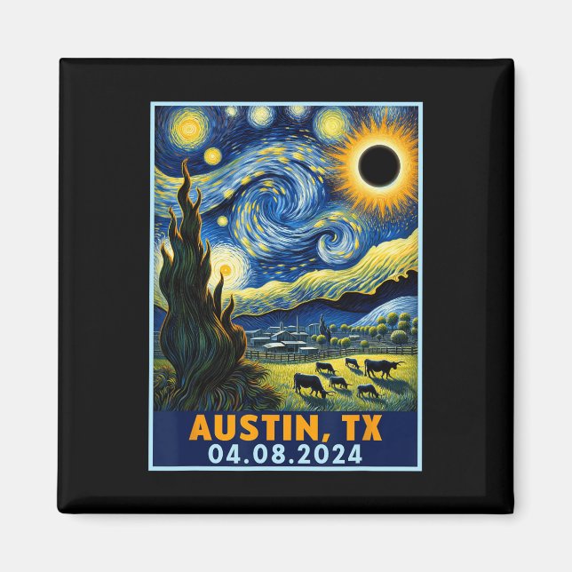 Imã Solar Eclipse 2024 Austin Texas Van Gogh Starry Ni (Frente)