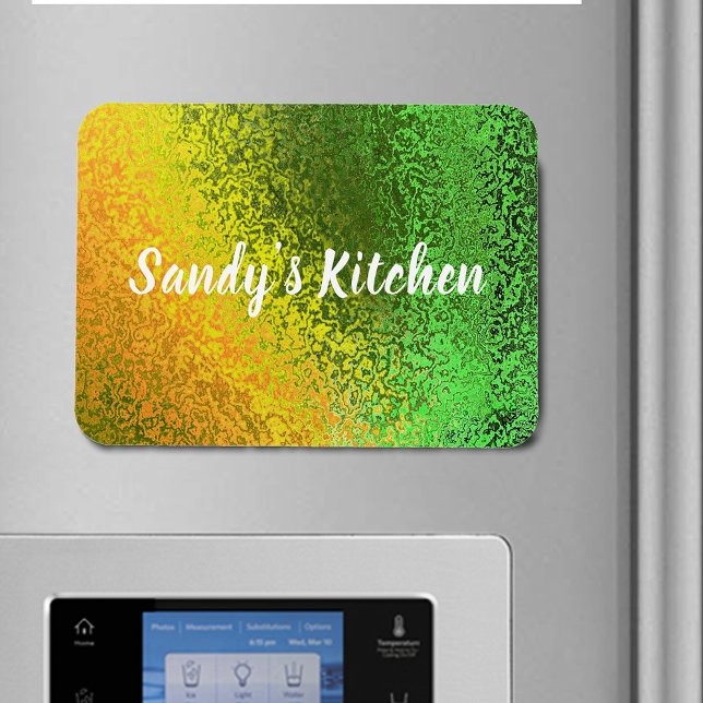 Ímã Sombreado Verde e Amarelo Nome Cozinha Premium (Shiny Shades Green & Yellow Name Kitchen Premium Magnet)