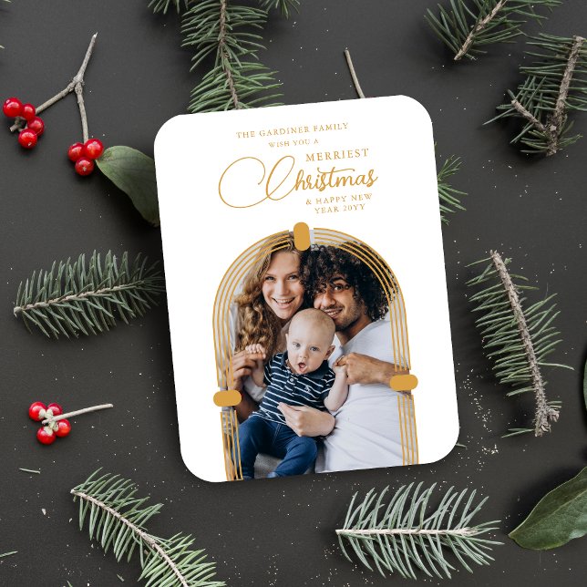 Ímã Sophisticated Golden Arch Photo Merriest Christmas (Sophisticated Fake Golden Dome Arch Photo Merriest Christmas Holiday Magnet.)