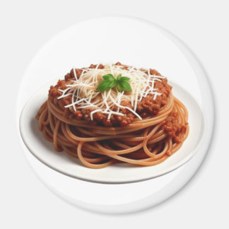Imã Spaghetti Bolognese com folhas de queijo e manjeri