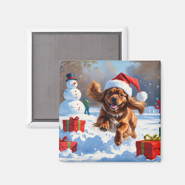 Imã Spaniel Tibetano Correndo na Neve com Chapéu de Na (Front/Back)