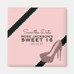 Imã Sparkly Stiletto Heel Sweet 16 Salve a data rosa
