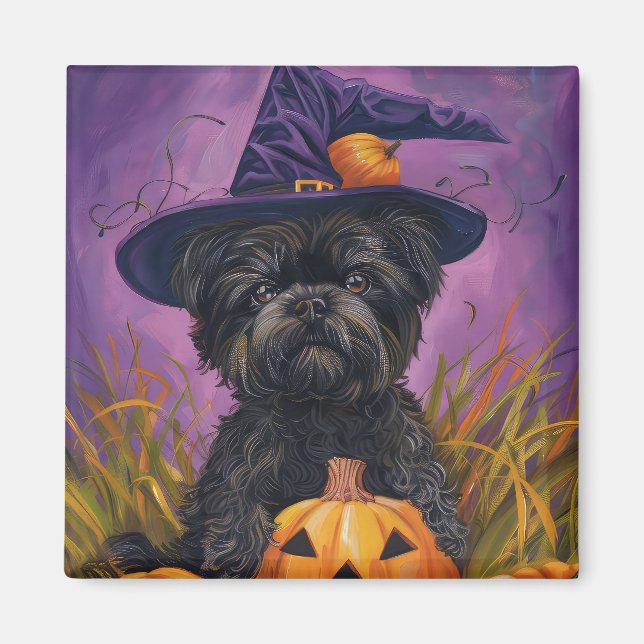 Imã Spooky Affenpinscher Halloween Witch e Pumpkin (Frente)
