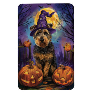 Ímã Spooky Airedale Halloween Witch e Pumpkin