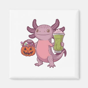 Imã Spooky Axolotl Segurando Matcha e Tratando Hallowe