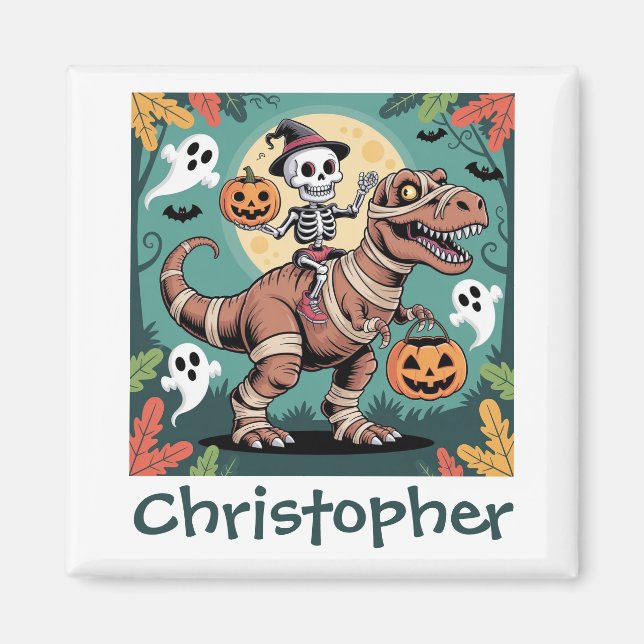 Imã Spooky Dino Rider - Esqueleto na mamãe T-Rex (Frente)