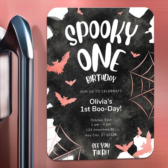 Ímã "Spooky One Invitation Halloween Birthday Pink Bat (Spooky One Invitation Halloween Birthday Template,EDITABLE Black Pink Cute Bats First Birthday Invit)