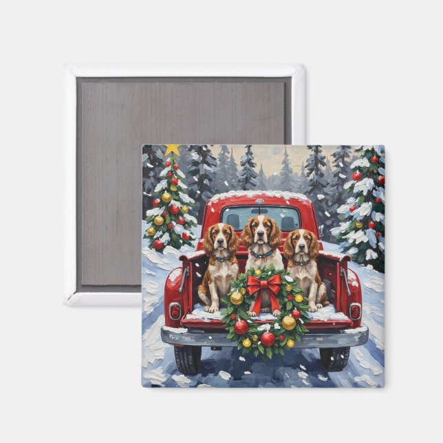 Imã Springer Spaniel Caminhão Vermelho de Natal Feriad (Front/Back)