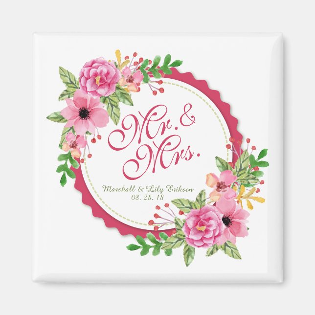 Imã Sr. & Sra. Floral Watercolor Wedding | Magnet (Frente)