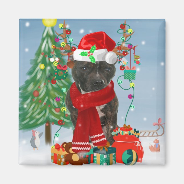 Imã Staffordshire Bull Terrier Dog Snow Christmas (Frente)