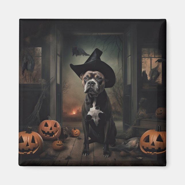 Imã Staffordshire Terrier Pumpkins Halloween Scary (Frente)
