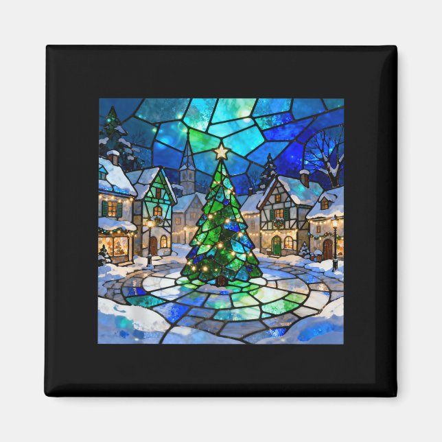 Imã Stained Gl Christmas Tree Winter Village Holiday A (Frente)