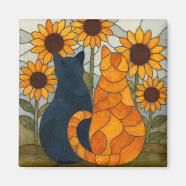Imã Stained Glass Cats and Sunflowers Art Design