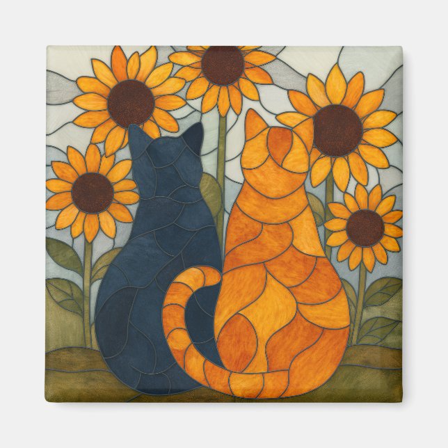 Imã Stained Glass Cats and Sunflowers Art Design (Frente)
