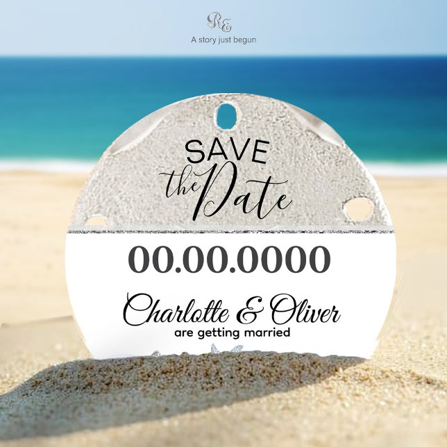Imã Starfish Beach Salve o Magnet da Data Costeira (Close-up of the Starfish Beach Dream Wedding Save the Date Magnet displayed in the sand.)