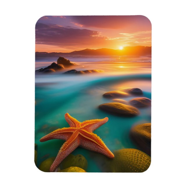 Ímã Starfish na praia no Dawn (Vertical)