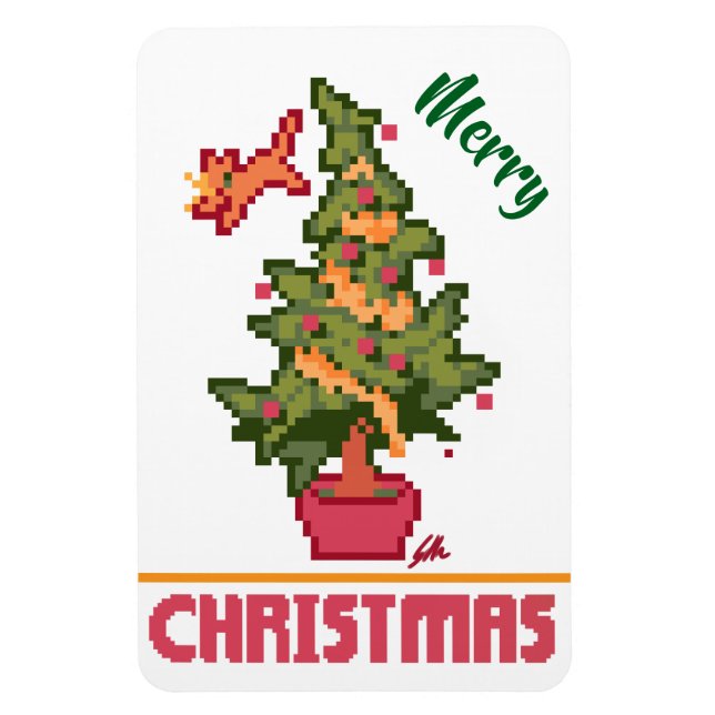 Ímã stealing cat, tree, Pixel Art, Merry Christmas  (Vertical)