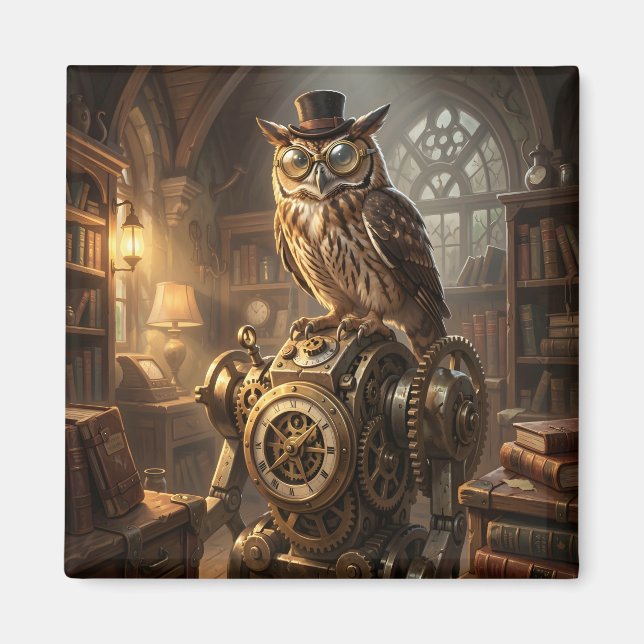 Imã steampunk owl clockwork art magnet (Frente)