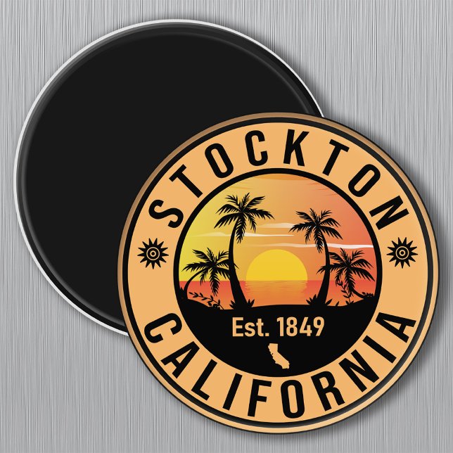 Imã Stockton California Retro Sunset Souvenirs Palm (Criador carregado)