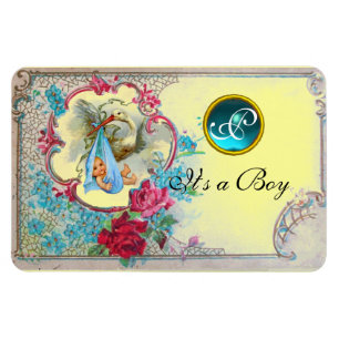 Ímã STORK BABY BOY SHOWER MONOGRAM,yellow