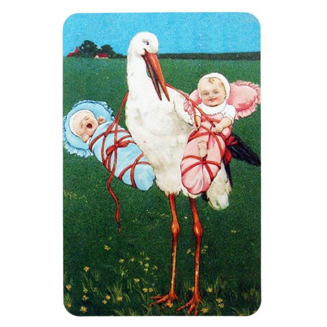 Ímã STORK TWIN BABY SHOWER, Pink ,Teal Blue (Vertical)