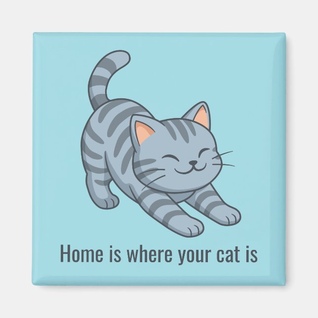 Imã Stretching Grey Tabby Blue Cat Custom Text (Frente)