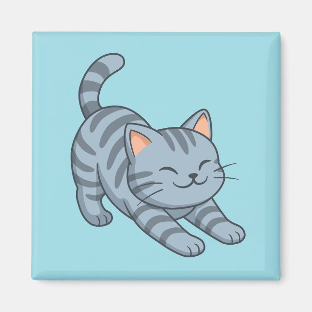 Imã Stretching Grey Tabby Cat Blue (Frente)