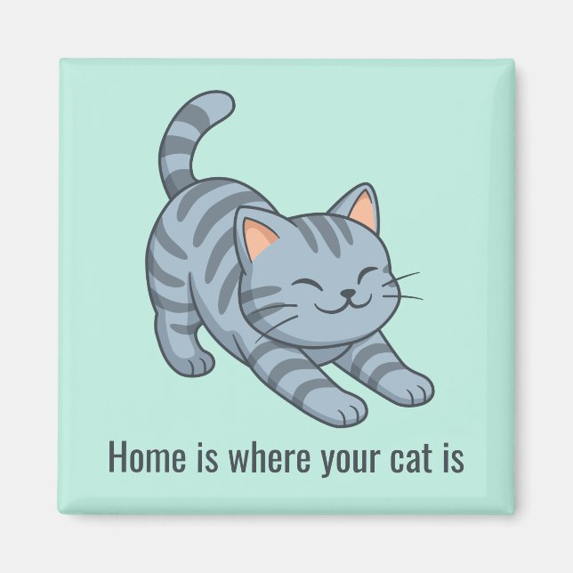 Imã Stretching Grey Tabby Green Cat Custom Text (Frente)