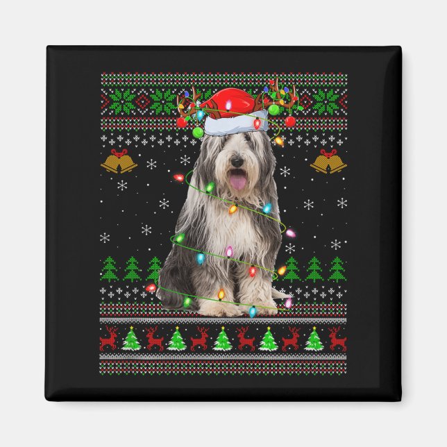 Imã Suéter de Natal Feio do Cão Collie Barbudo Férias  (Frente)