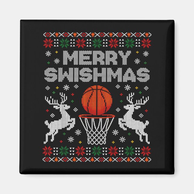 Imã Suéter Feio de Natal de Basquetebol Alegre Swishma (Frente)
