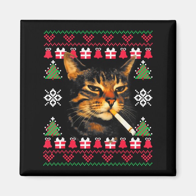 Imã Suéter Feio de Natal engraçado de gato fumante par (Frente)