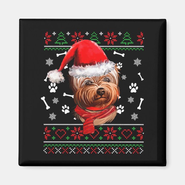 Imã Suéter Feio Natal Cachorro Yorkie Chapéu do Papai  (Frente)