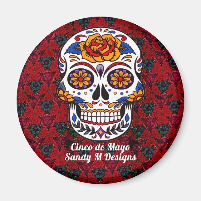 Imã Sugar Skull Cinco de Mayo Red Floral Nome (Frente)