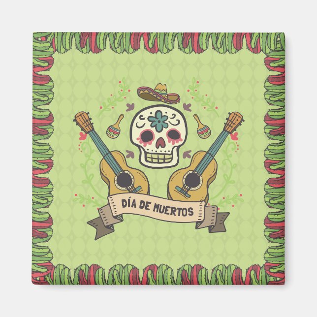 Imã Sugar Skull e Guitars Dia de Muertos | Íman (Frente)
