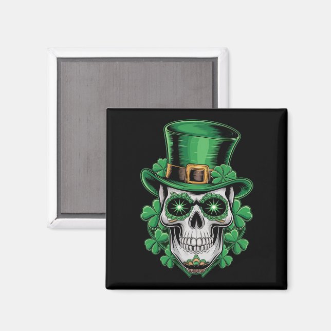 Imã Sugar Skull Rua Patrick Day Lucky Shamrock (Front/Back)