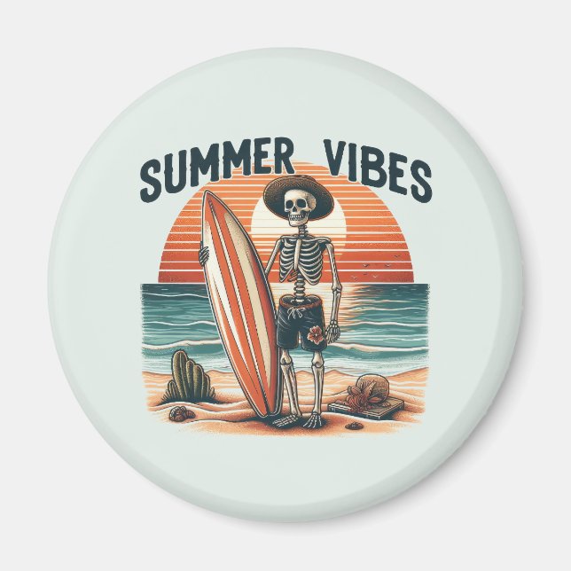 Imã Summer Vibes Skeleton Surfer Sunset Beach Design (Frente)