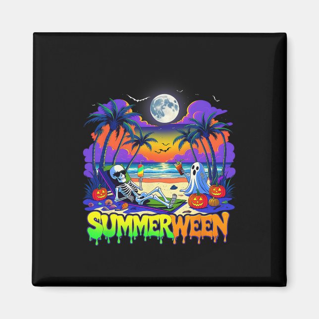 Imã Summerween Skeleton Ghost Beach Funny Spooky Hallo (Frente)