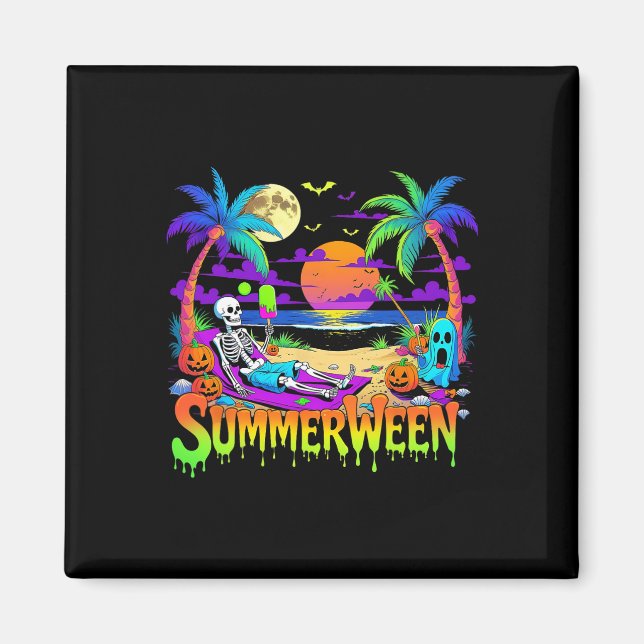 Imã Summerween Skeleton Ghost Beach Funny Spooky Hallo (Frente)