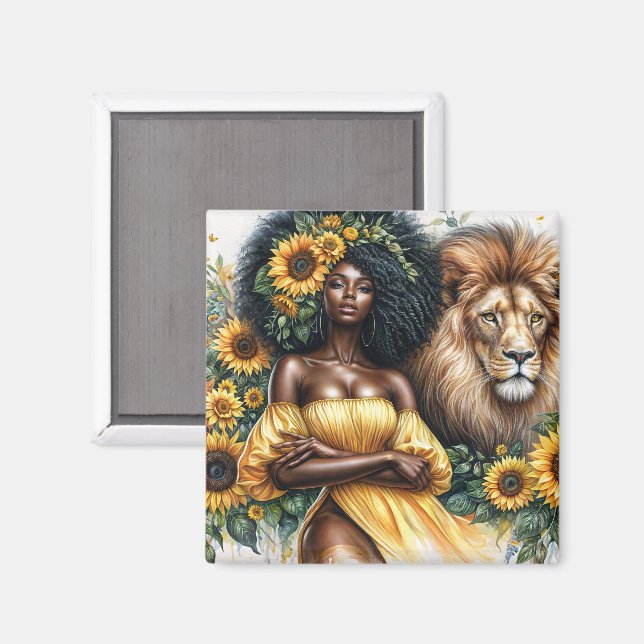 Imã Sunflower Black Woman Com Lion Leo Art (Front/Back)