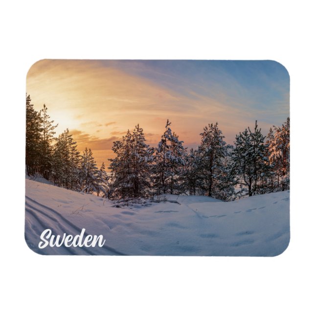 Ímã Sunset sobre floresta de neve congelada perto (Horizontal)