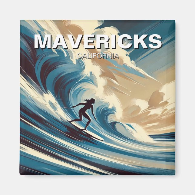Imã Surfando em Mavericks California Surfer Girl Wave (Frente)
