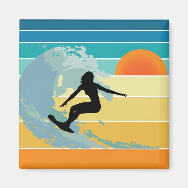 Imã Surfer Girl Vintage Sunset (Frente)