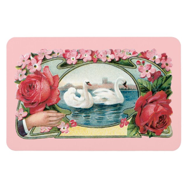 Ímã Swans e Rosas Vintage Art (Horizontal)