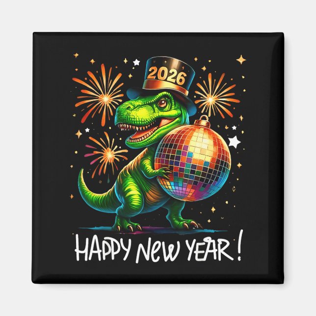 Imã T Rex Happy New Year 2026 Disco Ball Fireworks Tee (Frente)